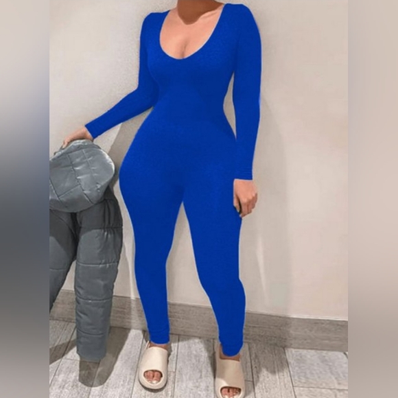 Women's Sexy Scoop Neck Long Sleeve Bodycon Jumpsuits Solid Long Pant Rompers - Picture 1 of 3